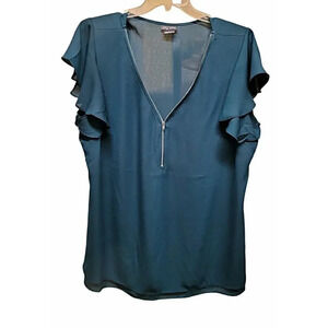 City Chic Zip Fling Flutter Sleeve Teal Top Size Large